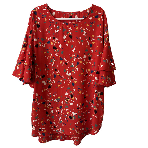 Unbranded Tops - Women’s Plus Size XXL Boho Confetti Red Short Bell Sleeve Tunic Blouse Party